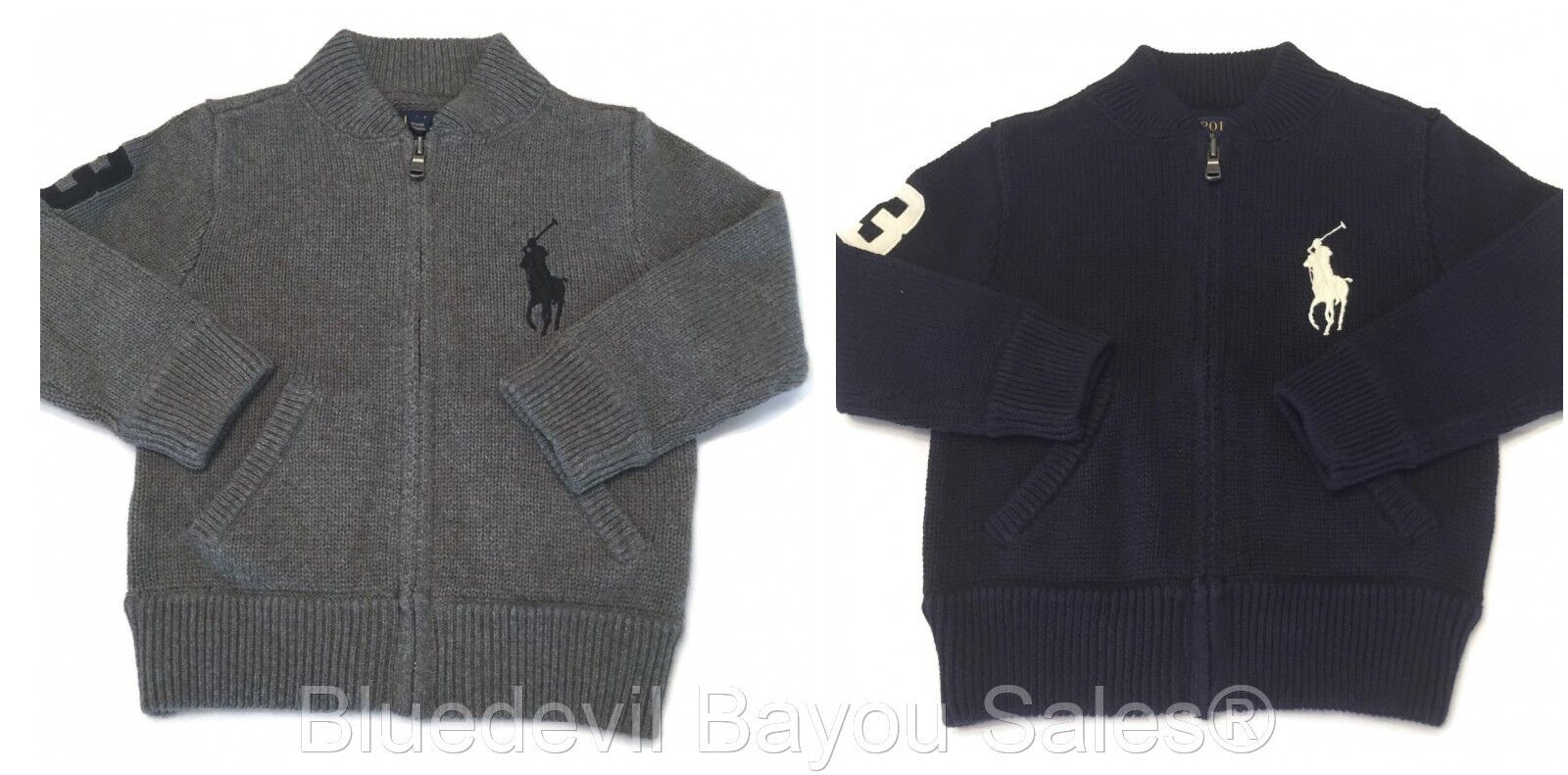 Polo Ralph Lauren Jumper Sweater Boys Big Pony Cotton Full Zip In Navy & Grey